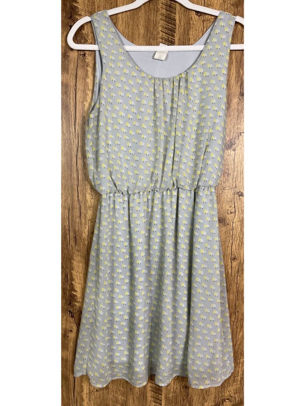 Needle & Thread Sheep Tree Print Blouson Sundress Gray Yellow Sleeveless, Large